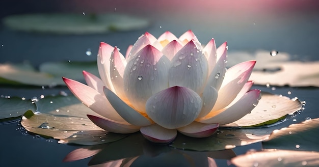 Close-up di un fiore di loto bianco e rosa con gocce d'acqua sui suoi petali che galleggiano sull'acqua calma