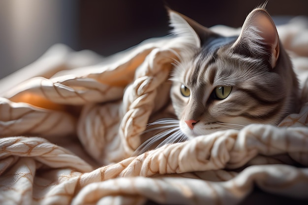 Close-up di un gatto a letto sotto una coperta blu Gatto a righe giace sulla lettiera bianca Piattaforma di intelligenza artificiale del parco giochi