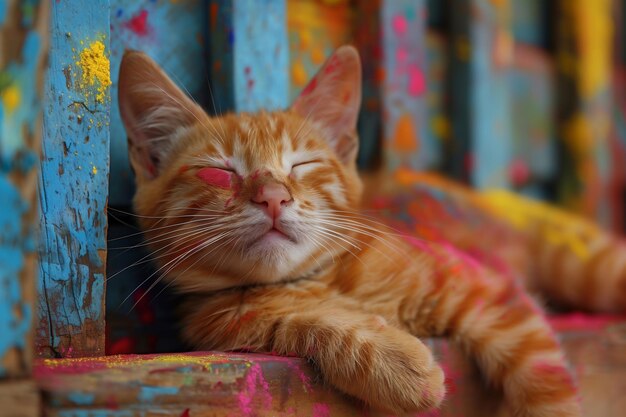 Close-up di un gatto che si rilassa su una sedia Holi Festival of Colors