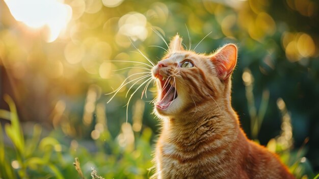 Close-up di un gatto rosso che ha aperto la bocca con uno sguardo pazzo Concept di un animale che è sorpreso o sbalordito su uno sfondo verde con spazio di copia e luce solare