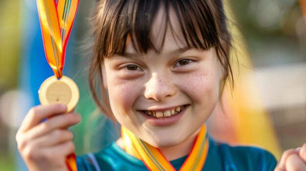 Close-up di un giovane atleta con sindrome di Down che mostra con orgoglio la sua medaglia di partecipazione