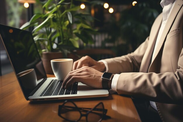 Close-up di un giovane che beve caffè al mattino e usa il computer al tavolo