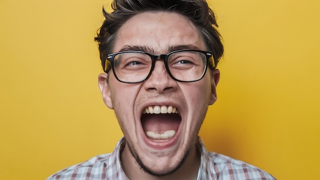 Close-up di un giovane con gli occhiali che urla