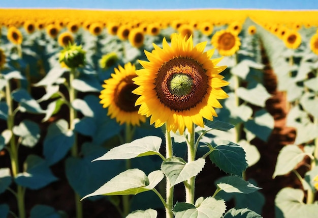 Close-up di un girasole con un campo di girasoli sullo sfondo sotto un chiaro cielo blu generati