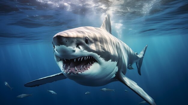 Close up di un grande squalo bianco che nuota nell'oceano sfondo naturale con bellissima illuminazione