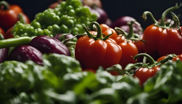 Close-up di un gruppo di verdure fresche su uno sfondo scuro
