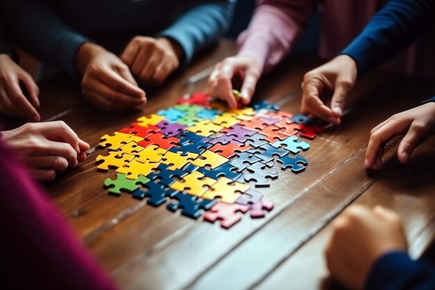 Close-up di un gruppo multietnico di persone che assemblano un puzzle