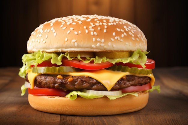 Close-up di un gustoso hamburger fatto in casa su un tavolo di legno