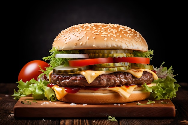 Close-up di un gustoso hamburger fatto in casa su un tavolo di legno