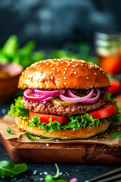 Close-up di un hamburger con cipolle, lattuga e pomodoro