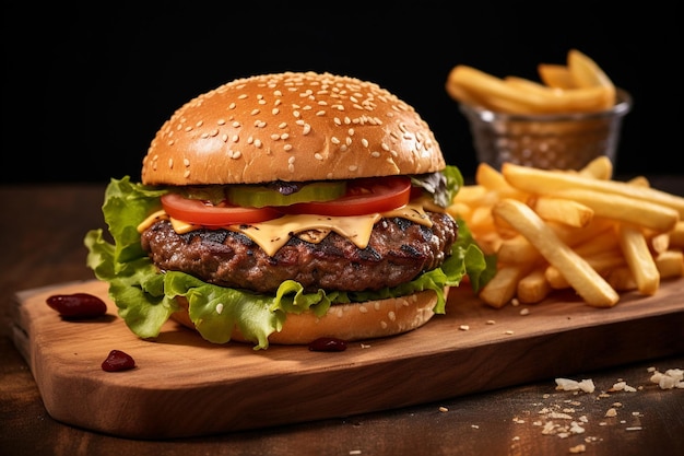 Close-up di un hamburger in un vassoio di legno con uno sfondo sfocato