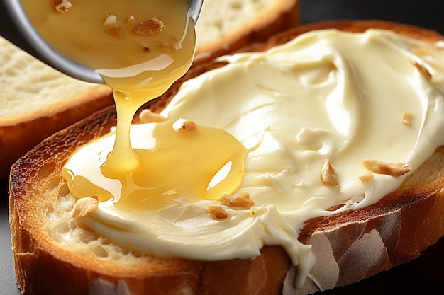 Close-up di un hummus cremoso che si diffonde sul pane per un panino al formaggio