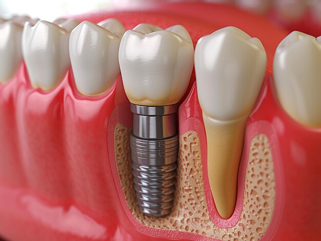 Close-up di un impianto dentale in un modello di gengive umane