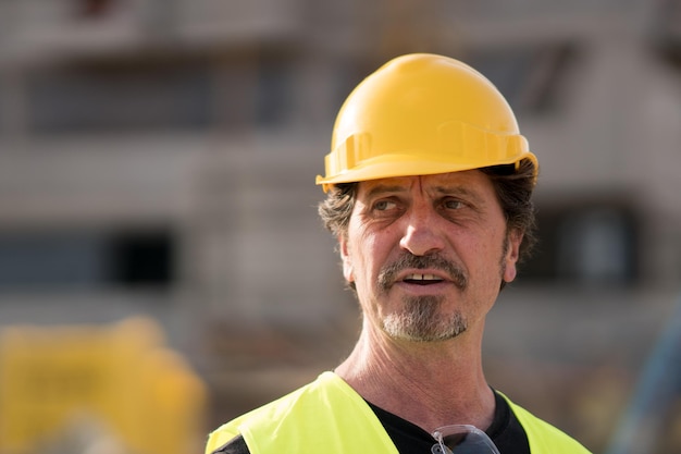 Close-up di un ingegnere che indossa un casco
