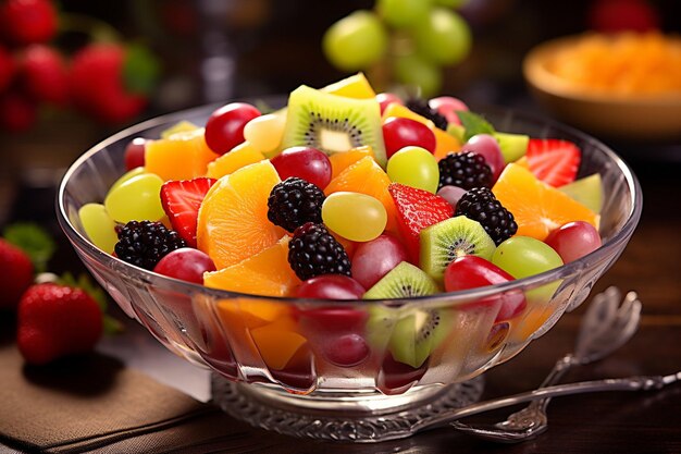 Close-up di un'insalata di frutta con varietà di bacche e palline di melone