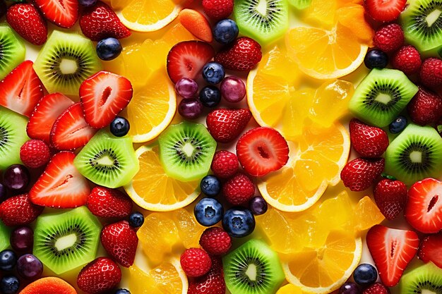 Close-up di un'insalata di frutta con varietà di bacche e palline di melone