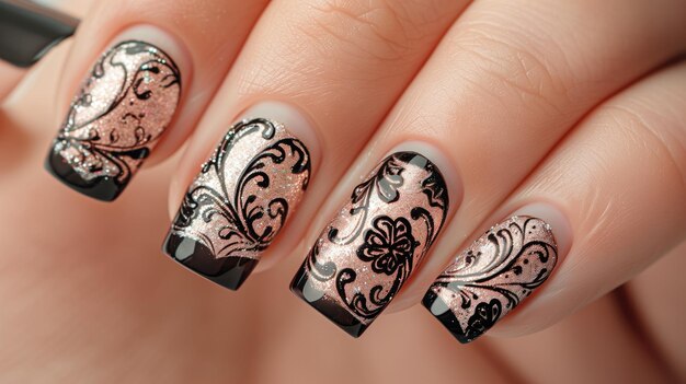 Close-up di un'intricata nail art con disegno nero e argento