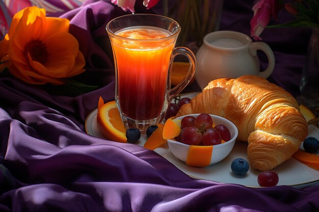 Close up di un letto con un vassoio di colazione e un bicchiere di succo fresco