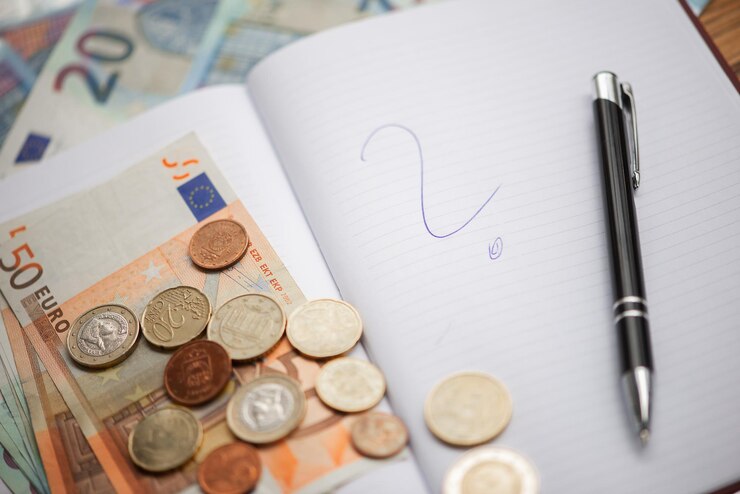 Foto close-up di un libro con banconote su un tavolo