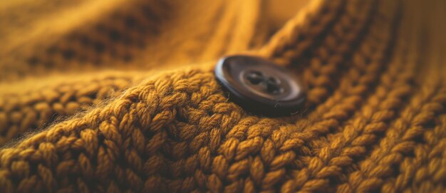 Close-up di un maglione a maglia giallo senape con un disegno dettagliato e un singolo bottone marrone che evoca un calore accogliente