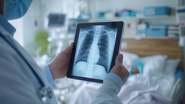 Close-up di un medico che tiene in mano un tablet digitale con una radiografia toracica