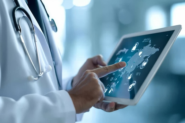 Close-up di un medico che usa un tablet digitale Close-up