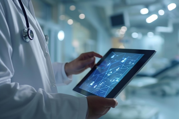Close-up di un medico che usa un tablet digitale Close-up