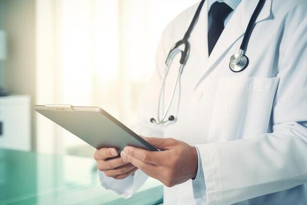 Close-up di un medico che usa un tablet digitale in una clinica, un medico che indossa un camico da laboratorio e uno stetoscopio che tiene in mano un tablet digitale e legge il rapporto del paziente, spazio per la copia del rapporto medico