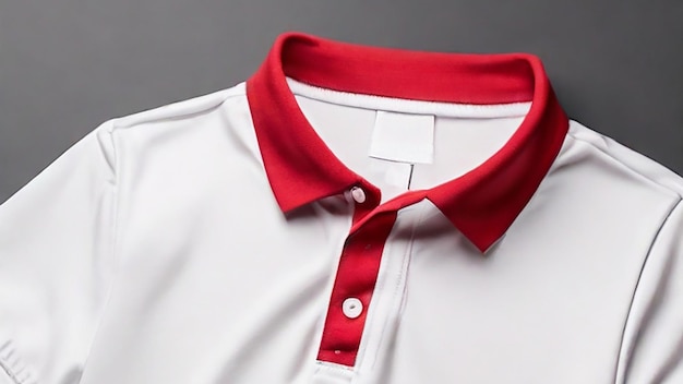 Close up di un modello di maglietta polo a collare rosso bianco su uno sfondo semplice