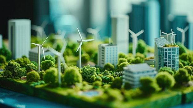 Close-up di un modello di sviluppo urbano sostenibile turbine eoliche in miniatura e tetti verdi visibili
