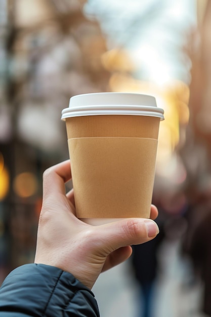 Close-up di un modello di tazza di caffè di carta tenuta a mano con sfondo sfocato per il posizionamento del testo