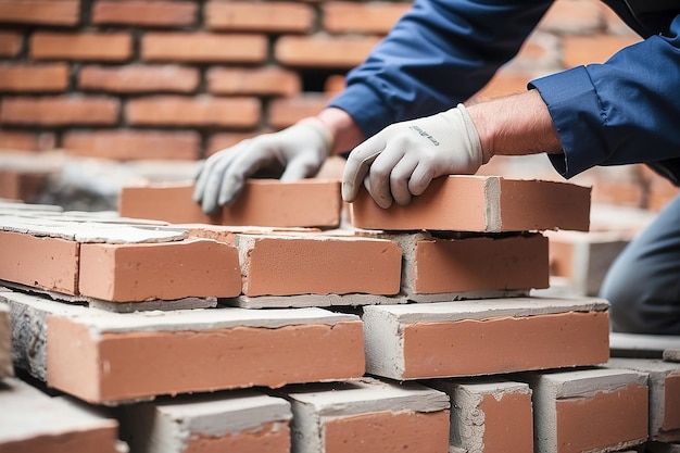 Close-up di un muratore industriale che installa mattoni sul cantiere