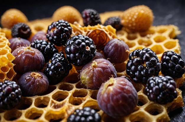 Close-up di un nido di miele con mirtilli e fichi