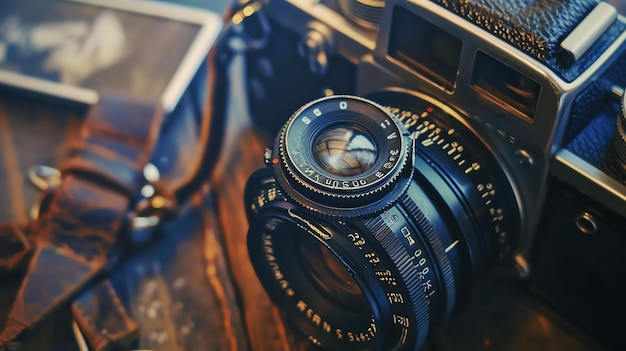 Close-up di un obiettivo di una macchina fotografica vintage La macchina fotografica è fatta di metallo e ha una cinghia di pelle marrone L'obiettivo è fatto di vetro e ha un anello di messa a fuoco di metallo