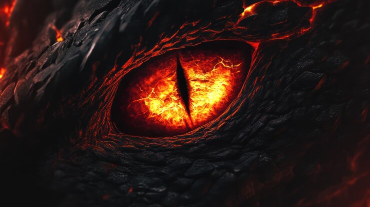 Foto close-up di un occhio di drago fiammeggiante con consistenza simile a quella di laval