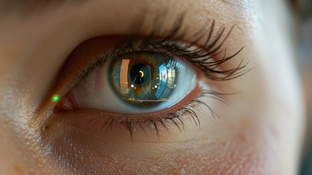 Close-up di un occhio di una persona con un piccolo impianto percepibile attaccato all'iride