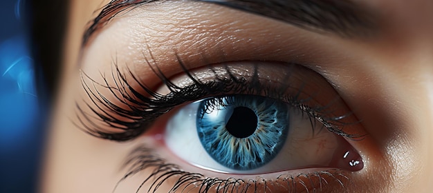Close up di un occhio femminile con lunghe ciglia su uno sfondo sfocato con spazio di copia