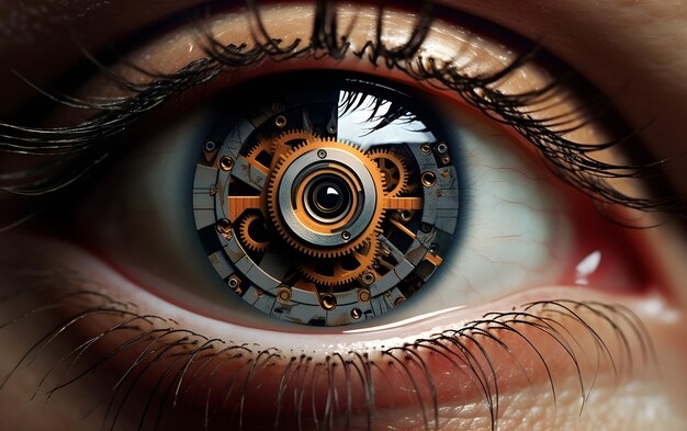 Close-up di un occhio umano con ingranaggi al posto della pupilla occhio robot