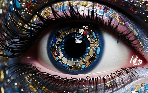 Close-up di un occhio umano decorato con mosaici colorati