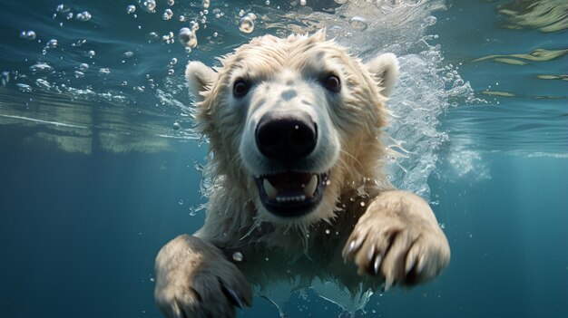 Close-up di un orso polare che nuota sott'acqua guardando la telecamera Generative Ai