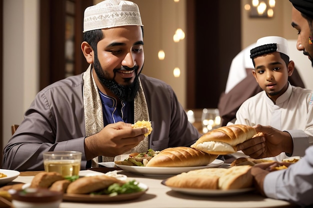 Close-up di un padre musulmano che passa suo figlio Lafah Bread durante la cena a tavola durante il Ramadan