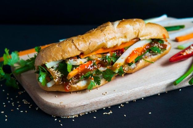 Close-up di un panino su un tavolo da taglio su uno sfondo nero