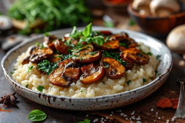 Close-up di un piatto di ceramica bianca con risotto di funghi su tavolo di legno erbe fresche e spezie