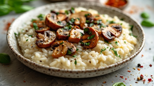 Close-up di un piatto di ceramica bianca con risotto di funghi su tavolo di legno erbe fresche e spezie