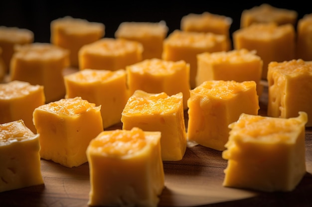 Close-up di un piatto di cubetti di formaggio giallo