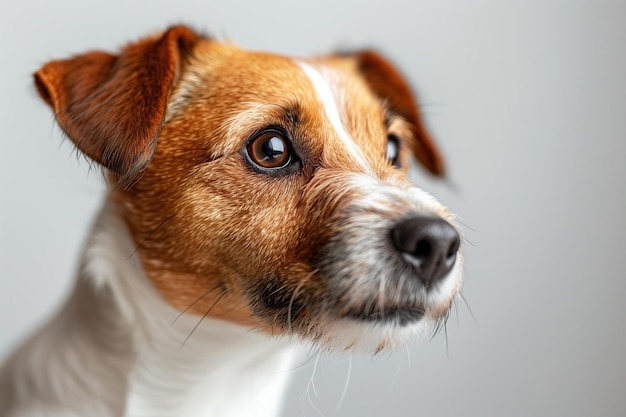 Close-up di un piccolo cane marrone su uno sfondo grigio