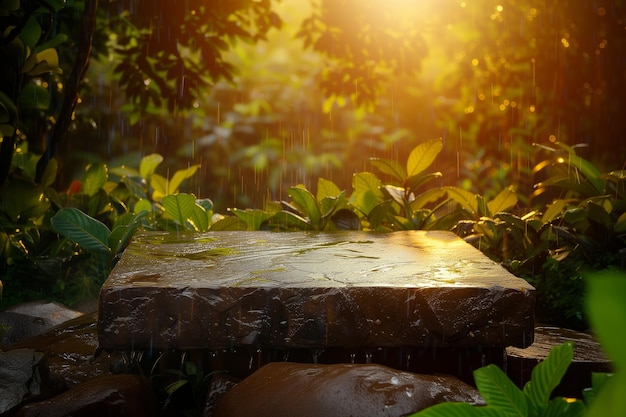 Close-up di un podio roccioso piatto in una foresta naturale inondata di luce solare