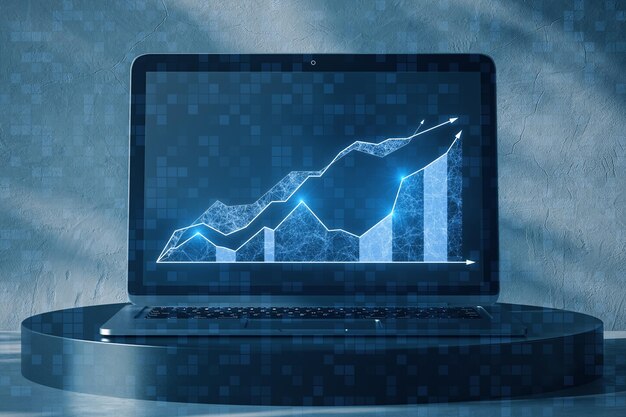 Close-up di un portatile con un grafico aziendale digitale in crescita su uno sfondo sfocato Sviluppo della strategia aziendale e piano di crescita Rendering 3D