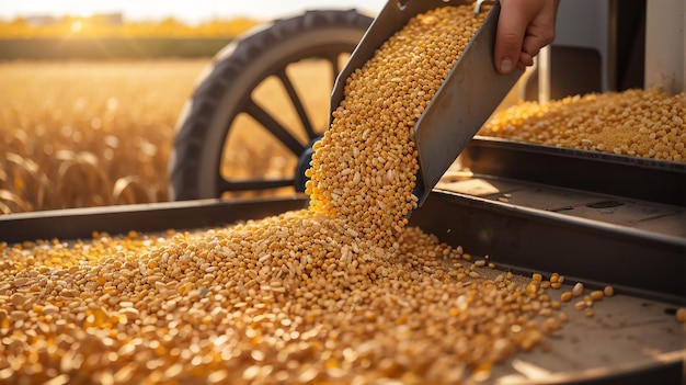 Close-up di un raccoglitore che versa i semi di mais nel rimorchio