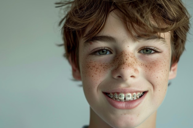 Close-up di un ragazzo adolescente sorridente con apparecchi dentali e freccette